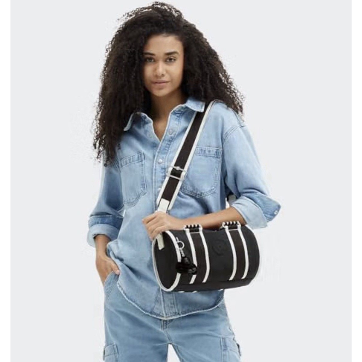 Nwt Kipling Black & White Striped Mini Duffle Crossbody, Zip, Monkey Charm — image 5 of 8